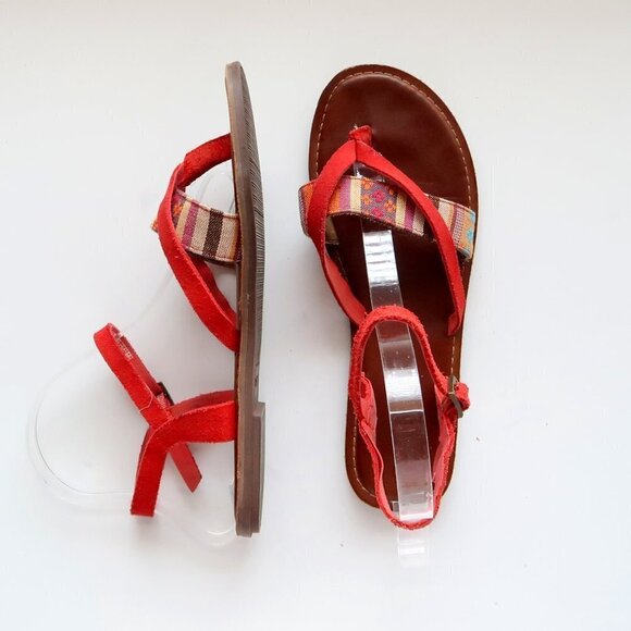 Toms Lexie Red Suede Leather & Canvas Strappy Slingback Thong Flat Sandals 8.5 W - Picture 13 of 16